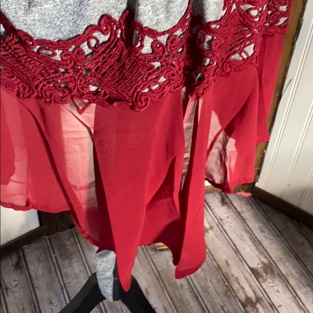Silky sexy gray and red lace Kimono robe tie waist bell batwing sleeves s m l - Picture 3 of 9